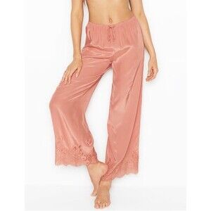 Victoria’s Secret Viscose Satin Pajama Pants Lace Trim Blush Pink Wide Leg M